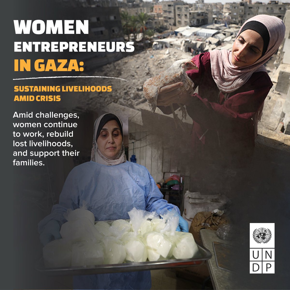 UNDPPalestinian's tweet photo. Since October 2023, #Gaza’s productive capacity has been severely damaged and markets disrupted.

Yet women like Nidaa, Hanaa and Hanin continue to find ways forward—adapting their businesses, rebuilding livelihoods and supporting their families.

Learn how @UNDP is supporting small businesses and helping restore productive capacity.

🔗 More https://t.co/KUz92TXfR9