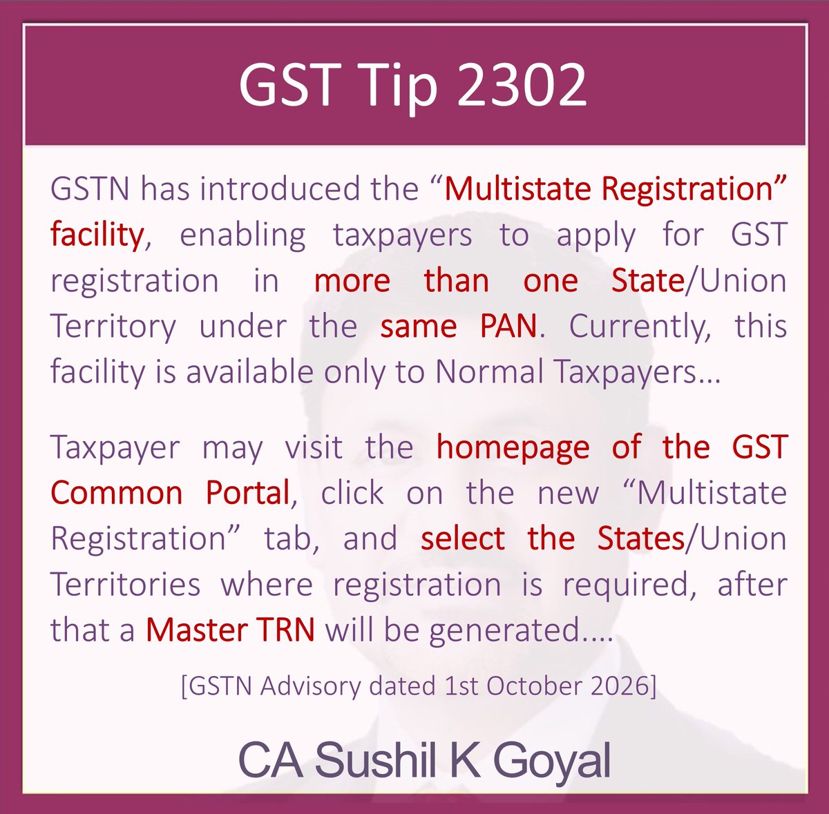 CASushilGoyal's tweet photo. 📢 One PAN, Multiple States!
GSTN has introduced the new Multistate Registration facility, allowing Taxpayers to apply for GST registration in multiple States/UTs under the same PAN.
🎥 Watch: https://t.co/gCIwUIqYga
#GST #GSTN #GSTRegistration #MultistateRegistration #MasterTRN https://t.co/PwURb3odwS