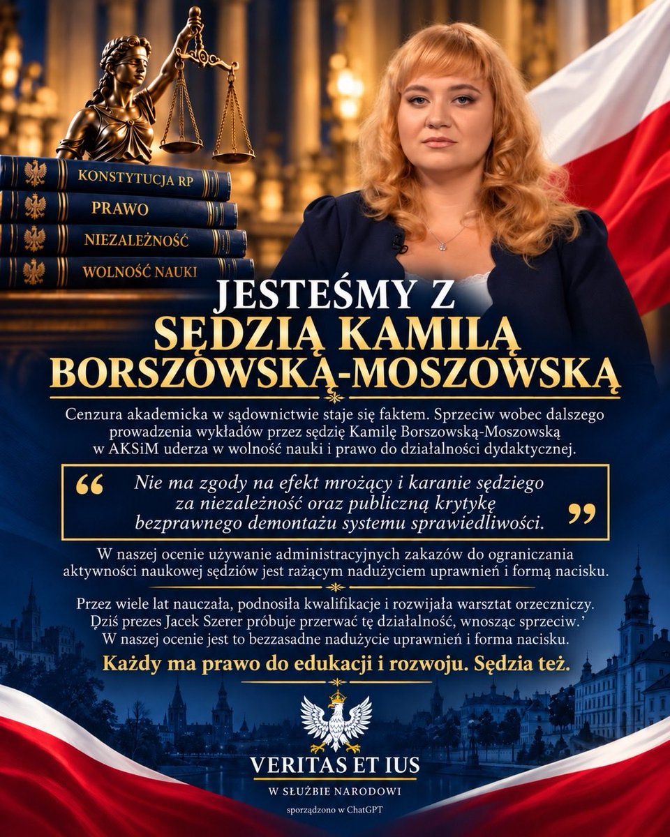 veritasetius's tweet photo. Cenzura akademicka w sądownictwie staje się faktem. 
‼️‼️‼️‼️‼️‼️‼️‼️‼️‼️‼️‼️‼️‼️
Prezes Sądu Okręgowego w Świdnicy Jacek Szerer wydał oficjalny sprzeciw wobec dalszego prowadzenia wykładów przez sędzię Kamilę Borszowską - Moszowską w Akademii Kultury Społecznej i Medialnej (AKSiM) w Toruniu. Decyzja ta uderza w wolność nauki oraz prawo do działalności dydaktycznej, która jest powszechną i legalną praktyką wśród sędziów. Stanowi jednocześnie  bezpośrednią próbę wywołania efektu mrożącego i ukarania sędzi za jej niezależność oraz publiczną krytykę bezprawnego demontażu systemu sprawiedliwości.  
W naszej ocenie używanie administracyjnych zakazów do ograniczania aktywności naukowej sędziów, stanowi rażące przekroczenie uprawnień i formę nacisku, naruszającą prawo do pracy i samorozwoju.

Sędzia Kamila Borszowska - Moszowska od wielu lat prowadzi działalność dydaktyczną i naukową, łącząc ją z wykonywaniem obowiązków orzeczniczych oraz stałym podnoszeniem kwalifikacji zawodowych. Wieloletnie wykonywanie tej działalności ukształtowało jej pozycję zawodową i uzasadnione oczekiwanie możliwości jej dalszej kontynuacji.  A wszelkie próby arbitralnego ograniczania tej aktywności powinny podlegać szczególnie rygorystycznej ocenie z punktu widzenia zasady proporcjonalności, ochrony wolności akademickiej oraz prawa do rozwoju zawodowego.