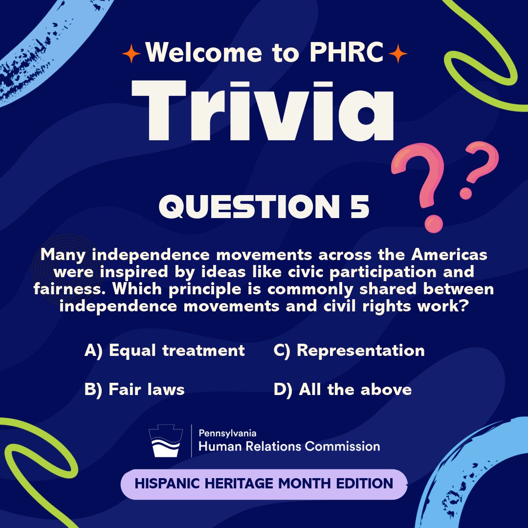 PA_HumRelComm's tweet photo. 🎉Hispanic Heritage Month Trivia! 📚
Test your knowledge and celebrate global history all month long!  

Shared celebrations highlight unity and community strength – values PHRC promotes through education, outreach, and civil rights enforcement. 
#PHRC #HispanicHeritageMonth https://t.co/HQ8Jsssauh