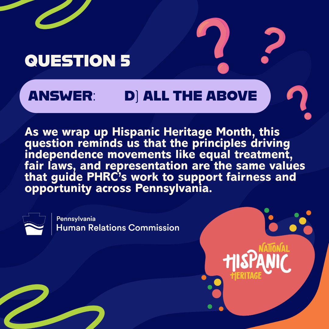 PA_HumRelComm's tweet photo. 🎉Hispanic Heritage Month Trivia! 📚
Test your knowledge and celebrate global history all month long!  

Shared celebrations highlight unity and community strength – values PHRC promotes through education, outreach, and civil rights enforcement. 
#PHRC #HispanicHeritageMonth https://t.co/HQ8Jsssauh