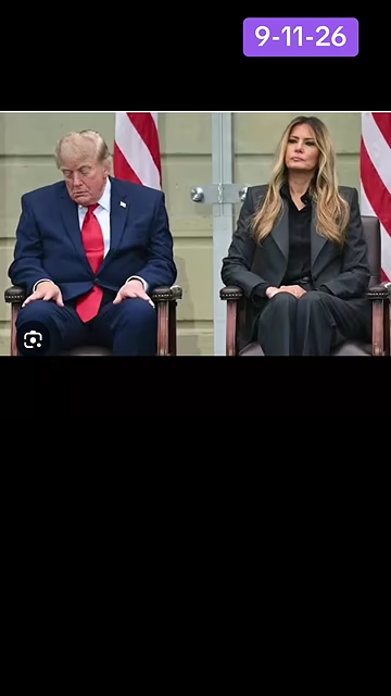 A still showing Donald and Melania Trump seated during what appears to be a formal occasion, with American flags in the background and a purple '9-11-26' text box overlay.