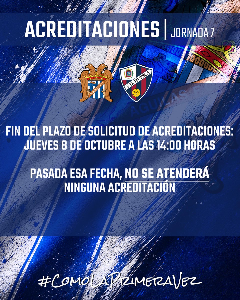 aguilas_fc's tweet photo. 𝗔𝗖𝗥𝗘𝗗𝗜𝗧𝗔𝗖𝗜𝗢𝗡𝗘𝗦 | 𝘑𝘖𝘙𝘕𝘈𝘋𝘈 𝟩

ℹ️ El plazo de solicitud de acreditaciones finalizará el próximo jueves 8 de octubre a las 14:00 horas.

✉️ Prensa y medios: prensa@aguilasfc.es
✉️ Clubes y agencias: acreditaciones@aguilasfc.es

🚫 Recordamos, como siempre, que 𝗡𝗢 𝗦𝗘 𝗔𝗧𝗘𝗡𝗗𝗘𝗥𝗔𝗡 las acreditaciones recibidas pasada la fecha indicada.

#𝐶𝑜𝑚𝑜𝐿𝑎𝑃𝑟𝑖𝑚𝑒𝑟𝑎𝑉𝑒𝑧 💙🤍