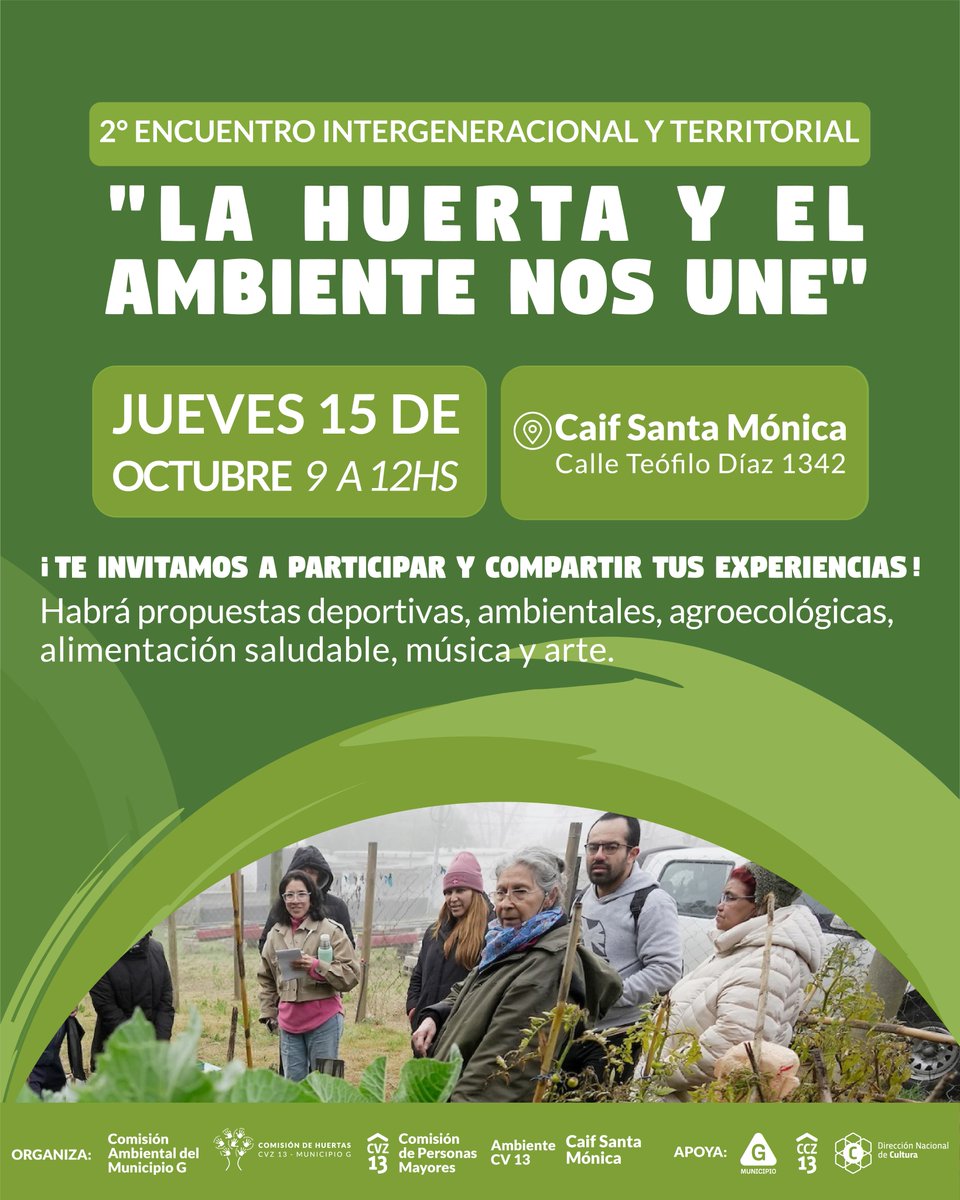 MunicipioGMvd's tweet photo. 📅 Jueves 15 de octubre
🕘 De 9 a 12 h
📍 CAIF Santa Mónica (Teófilo Díaz 1342)
Durante la jornada habrá propuestas deportivas, ambientales y agroecológicas, además de actividades vinculadas a la alimentación saludable, la música y el arte.
¡Las y los esperamos!
#EsContiGo https://t.co/kk4lkPHr4O