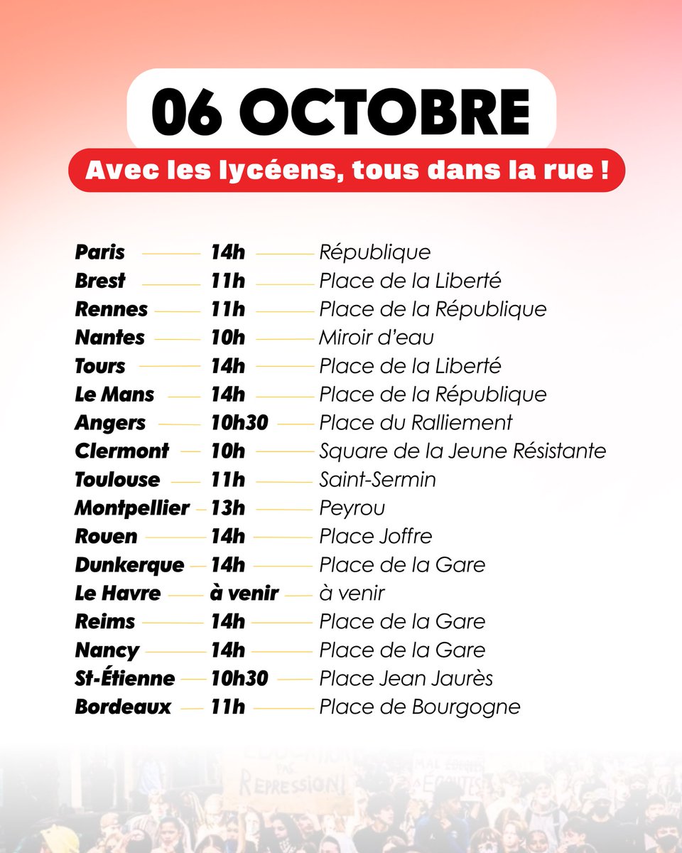 ManonAubryFr's tweet photo. ✊Demain, 06 octobre, nous serons tous mobilisés en soutien des revendications des lycéens ! 

Retrouvez ici l’heure et le lieu de la manifestation près de chez vous ! https://t.co/fGSZQHYAqI