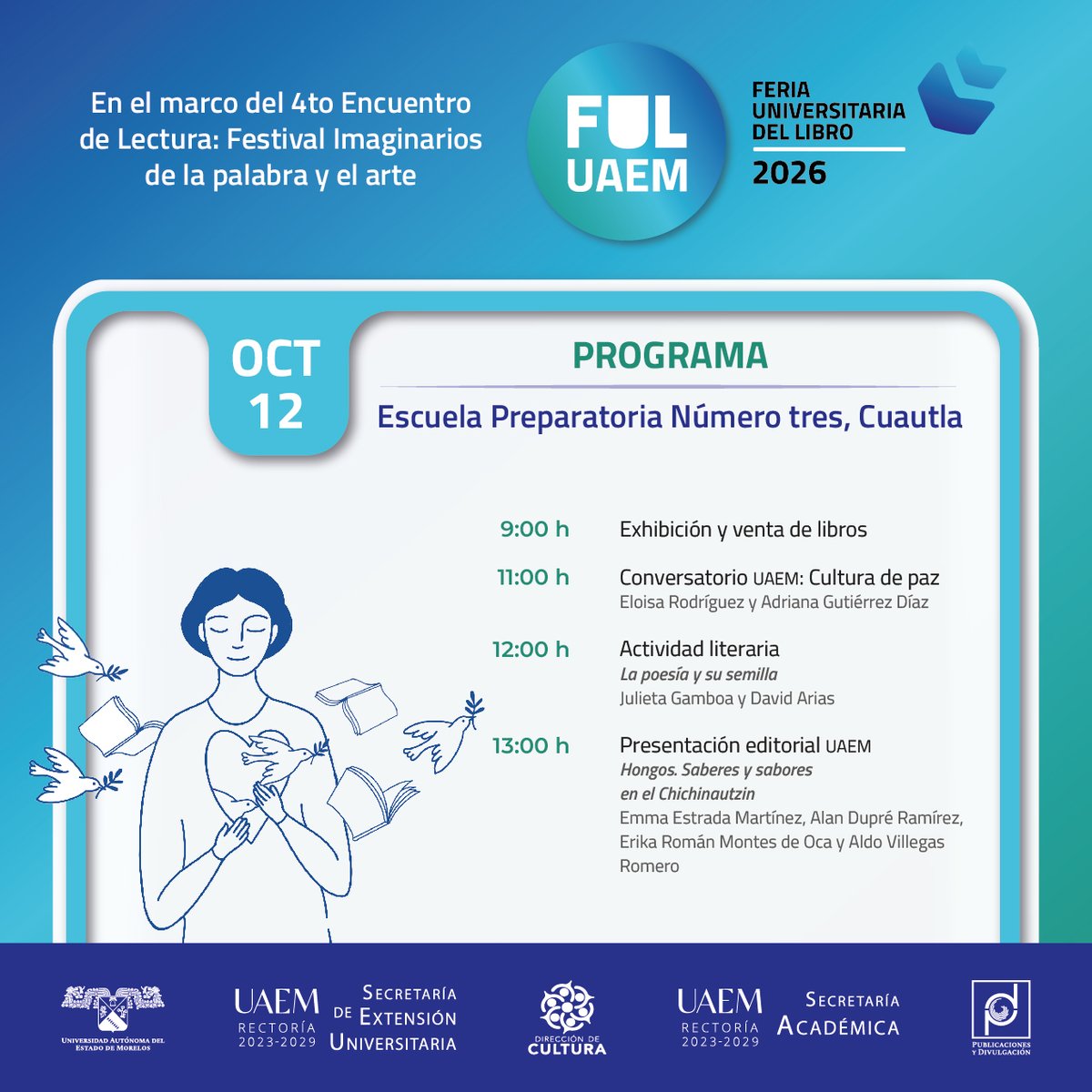 EdicionesUAEM's tweet photo. ¡Atención comunidad de Prepa 3 Cuautla! 📚✨ Conoce el programa completo de la #FULUAEM 2026.
En el marco del 4.o Encuentro de Lectura: Festival Imaginarios de la Palabra y el Arte, sumamos esfuerzos para llevar el libro, el diálogo y la cultura hasta tu escuela.  @prensauaem https://t.co/EeQNWtsgtA