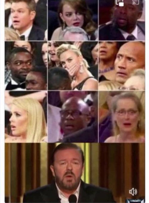 A meme featuring shocked celebrity reactions (including Matt Damon, The Rock, Meryl Streep, and others) in a grid above comedian Ricky Gervais speaking at an awards ceremony.