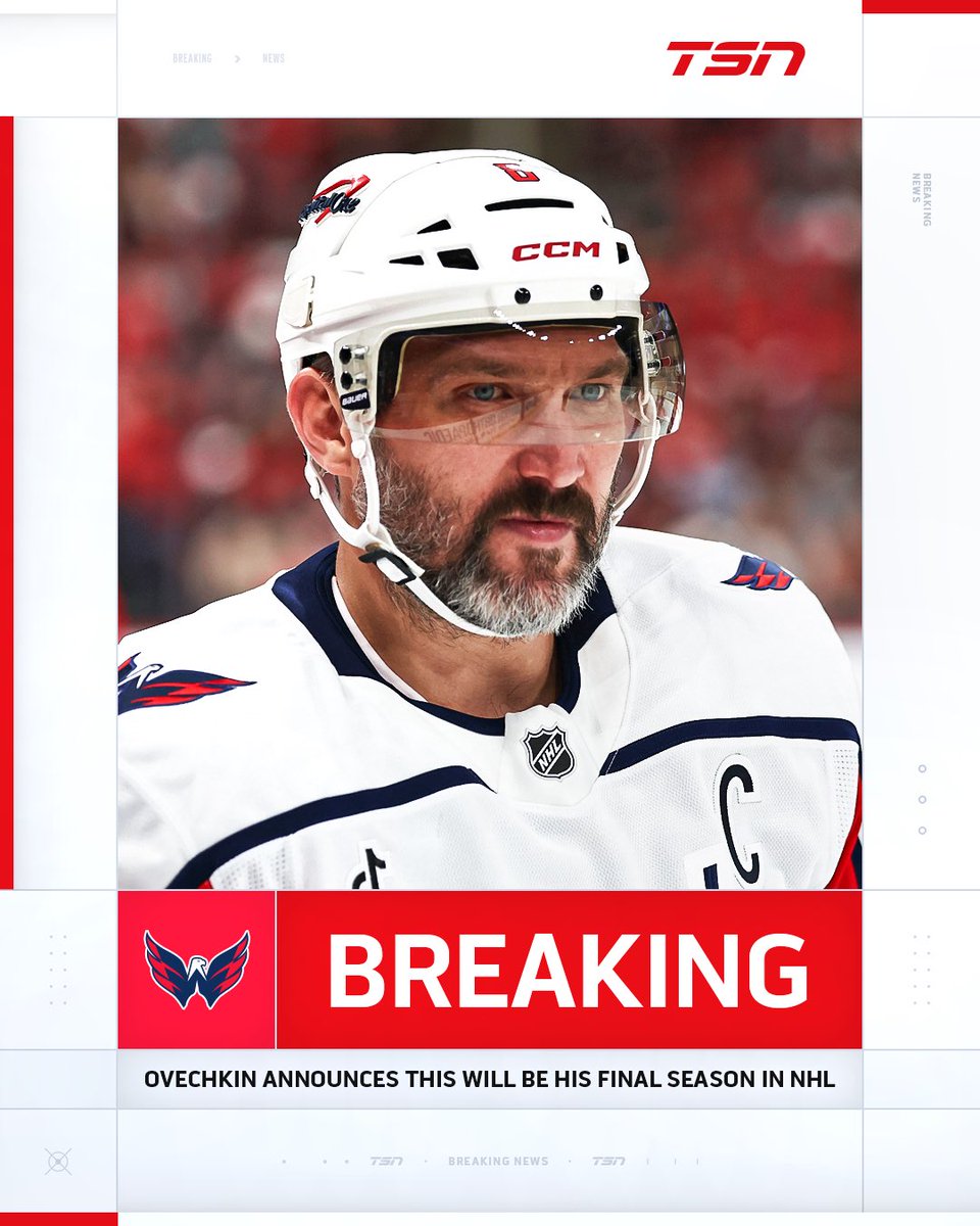 TSN_Sports's tweet photo. 🚨 OFFICIALLY OVECHKIN'S FINAL YEAR 🚨

Alex Ovechkin has announced that the 2026-2027 season will be his final one in the NHL. The Great 8 also released a statement to the fans following the announcement. https://t.co/WzEYrWf4WB