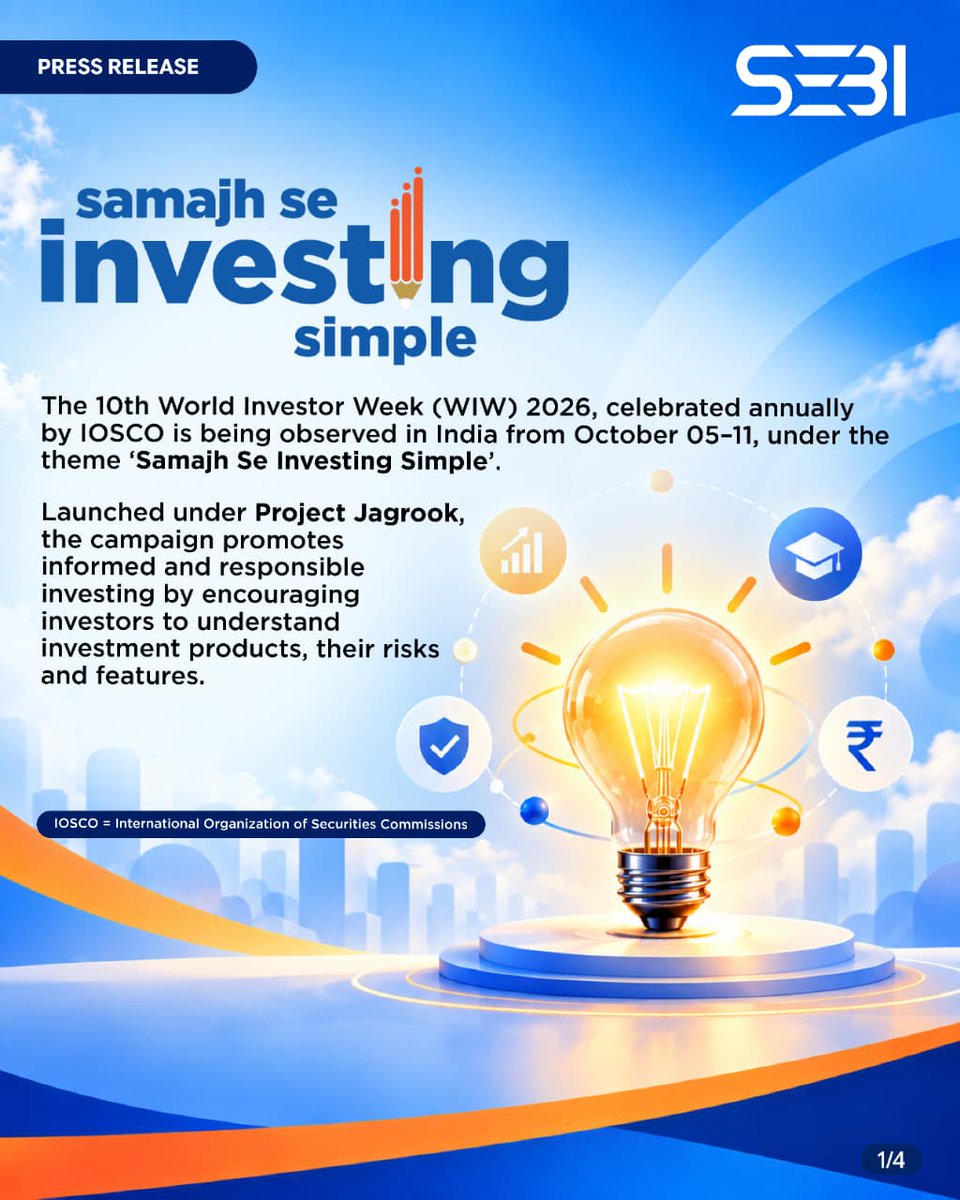 SEBI_updates's tweet photo. SEBI Releases “Samajh Se Investing Simple” Campaign under Project Jagrook, Rolls Out the MUST initiative, Announces Its Presence on WhatsApp and Other Initiatives for Investor Awareness and Education.

More details at: https://t.co/GUmR3yGse3

#SEBI #PressRelease https://t.co/l584f8FRd5