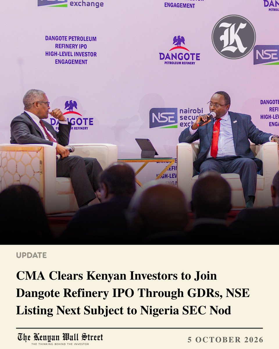 kenyanwalstreet's tweet photo. The Capital Markets Authority has approved a Short Form Prospectus allowing eligible Kenyan investors to participate in the Dangote Petroleum Refinery & Petrochemicals IPO through Global Depositary Receipts (GDRs).

Renaissance Capital Kenya will aggregate local investor funds, work with Renaissance Capital Africa in Nigeria and structure GDRs after allocation of the underlying shares.

The GDRs are intended for listing on the NSE, subject to Nigeria SEC approval, a successful fund raise and share allocation.

CMA said the transaction is the first of its kind under Kenya’s GDR framework and clarified that the offer does not include Dangote’s planned Lamu refinery.