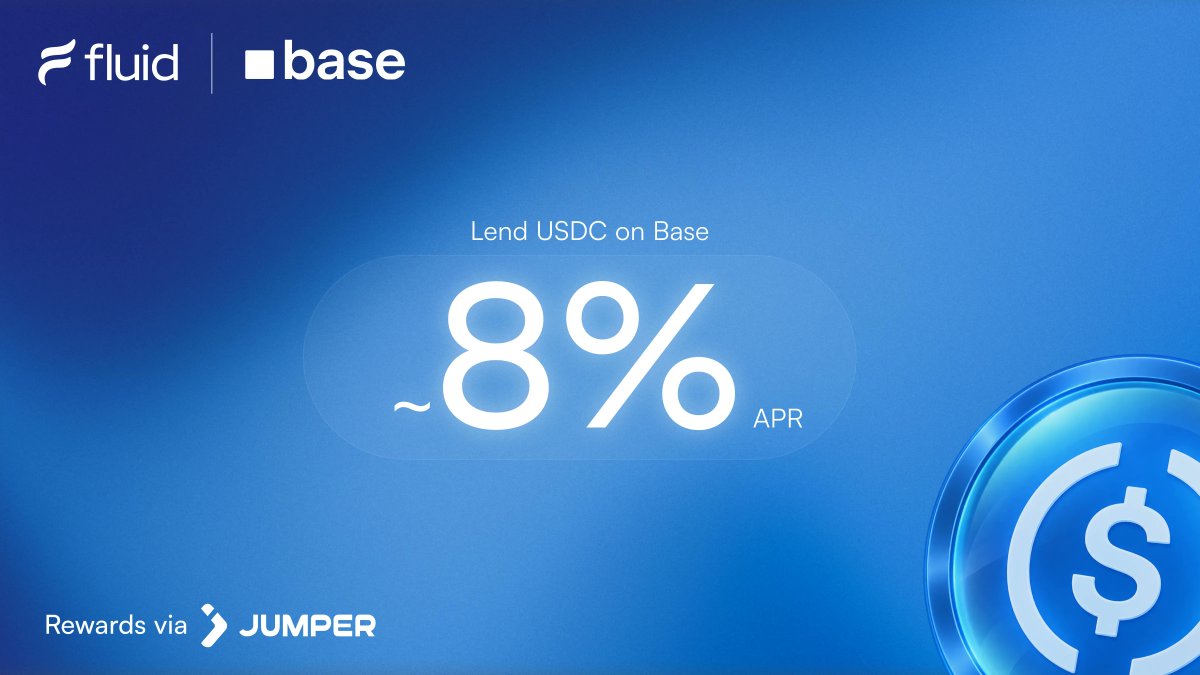 0xfluid's tweet photo. 1 day left.

Lend USDC on @base through Fluid and earn ~8% APR.

Base has deep liquidity and distribution.
Fluid puts that capital to work more efficiently.

Rewards distributed via @jumperapp.

Go lend > https://t.co/9yi0htoH8l https://t.co/irSkQEg69c
