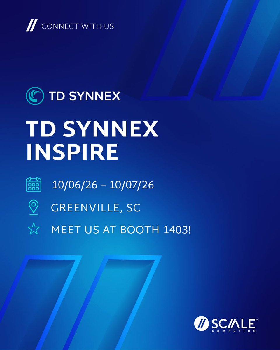 ScaleComputing's tweet photo. We're joining @TDSYNNEX Inspire in Greenville this week! Stop by Booth 1403 to meet Kyle Fenske, Bailey Campbell, and Abbie Hausfeld and learn how Scale Computing™ solutions help partners deliver simpler, more resilient IT at the edge for multi-site customers. Let's connect! https://t.co/RilOHitYz4