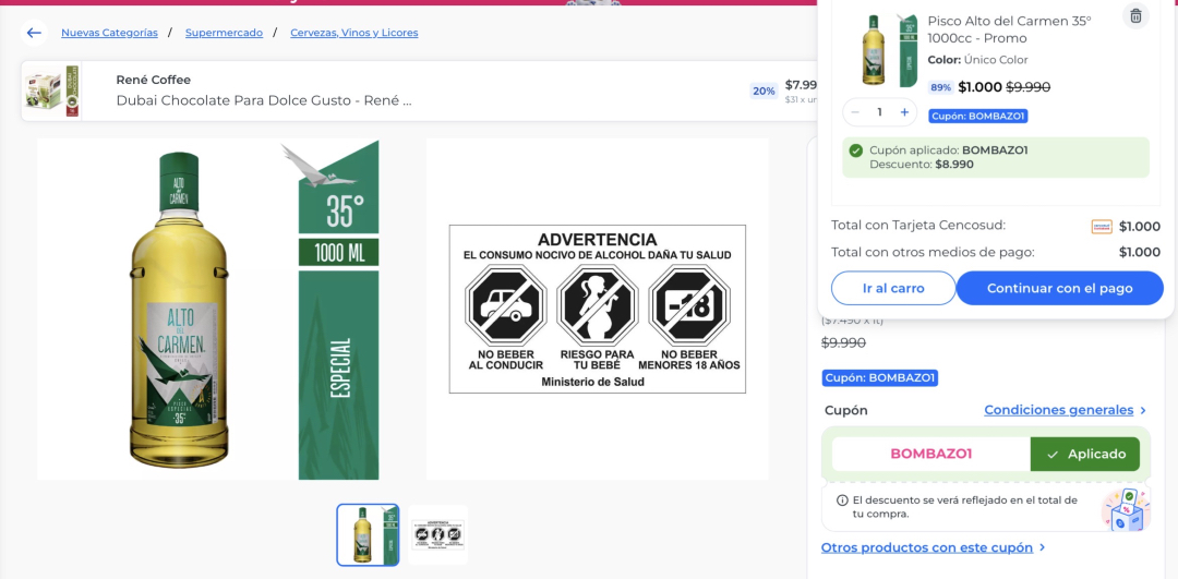 DescuentosRata's tweet photo. #ALERTARATA #CyberRata 🥃 Pisco Alto del Carmen 35° (1000cc) queda a $1.000 agregando el cupón BOMBAZO1 en París.

Link directo 🔗 https://t.co/Ez9Ue7DIEZ https://t.co/SQRu3hA8Ba