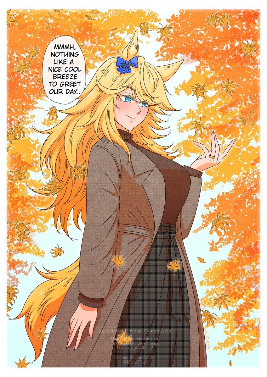 KecoaDewi's tweet photo. Gold City in Autumn with you 🥰🧡🍁✨ 

The Colors of the leaf feels so right with her, don’tcha think, trainer? 
#Umamusume https://t.co/mODPsCkrcb