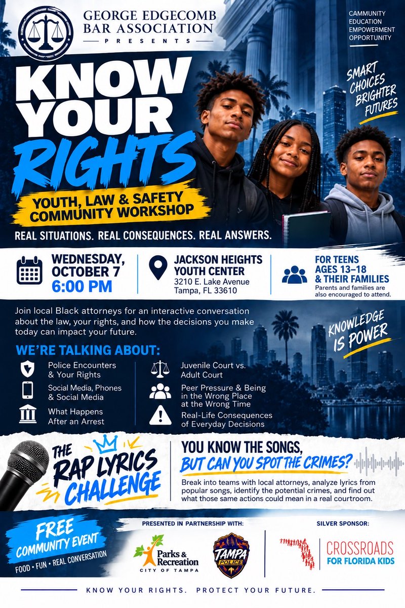 EdgecombBar's tweet photo. THANK YOU TO OUR SILVER SPONSOR!

GEBA extends a special thank you to Crossroads For Florida Kids for serving as a Silver Sponsor of our Know Your Rights: Youth, Law &amp; Safety Community Workshop! Your support helps make important educational programming like this possible. #MYGEBA https://t.co/KR43wKwv0v