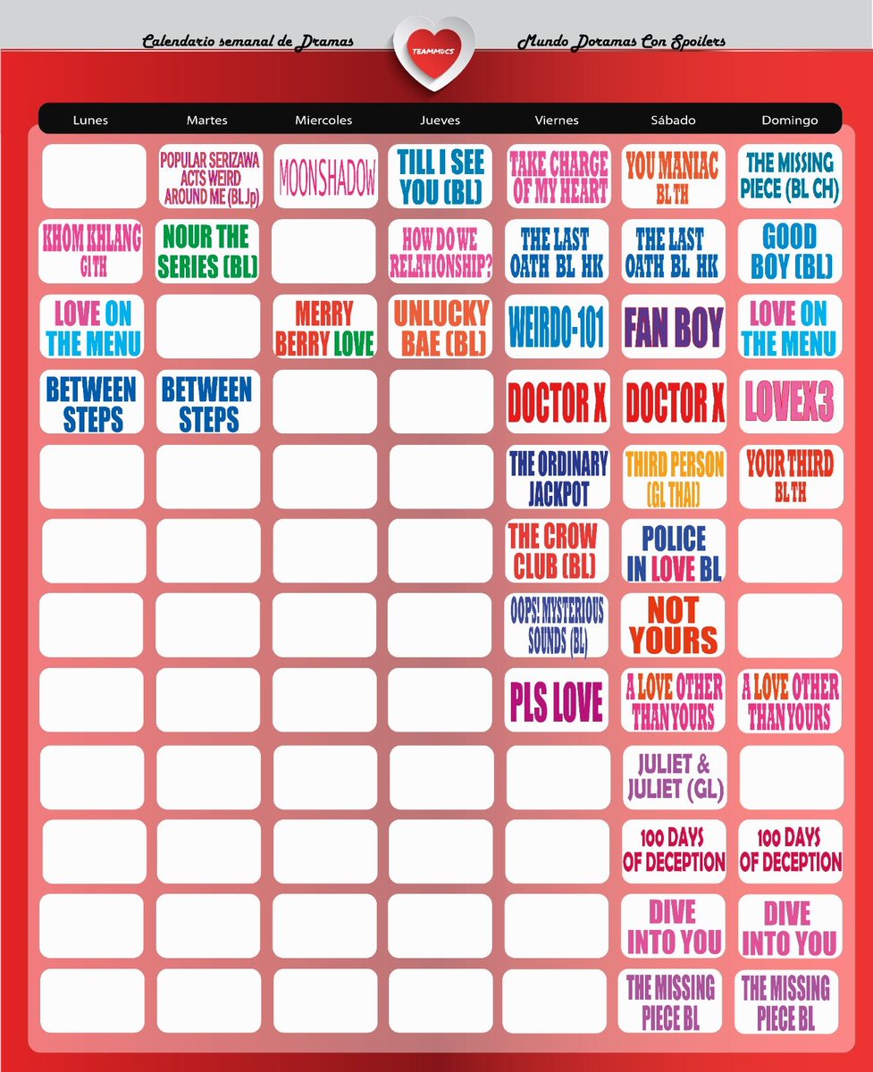 TeamMdcsX's tweet photo. Calendario semanal OCTUBRE
❤️❤️❤️❤️❤️❤️❤️❤️❤️❤️
Del lunes 05 de Octubre al Domingo 11 de Octubre. 

#calendariosemanalteammdcs https://t.co/fVmmUQ8CeW