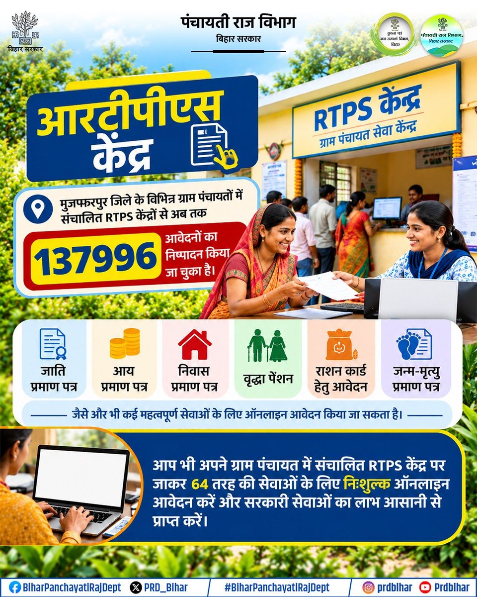PRD_Bihar's tweet photo. आप भी अपने ग्राम पंचायत स्थित RTPS केंद्र पर जाकर 64 तरह की सेवाओं के लिए निःशुल्क ऑनलाइन आवेदन करें और सरकारी सेवाओं का लाभ आसानी से प्राप्त करें।
@samrat4bjp
@DeepakRLM 
@mopr_goi
@IPRDBihar
@DM_Muzaffarpur 
#LocalGovernance
#ViksitBihar
#PanchayatDevelopment
#BiharPanchayatiRajDept