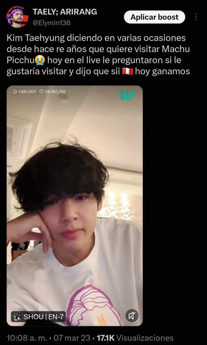 Elymin136's tweet photo. me encanta cómo en cadaa oportunidad que tiene taehyung menciona lo mucho que quiere visitar Machu Picchu 😭🇵🇪 TE AMO MUCHO REY vayan y diviértanse mucho https://t.co/JCEsGXLGUD