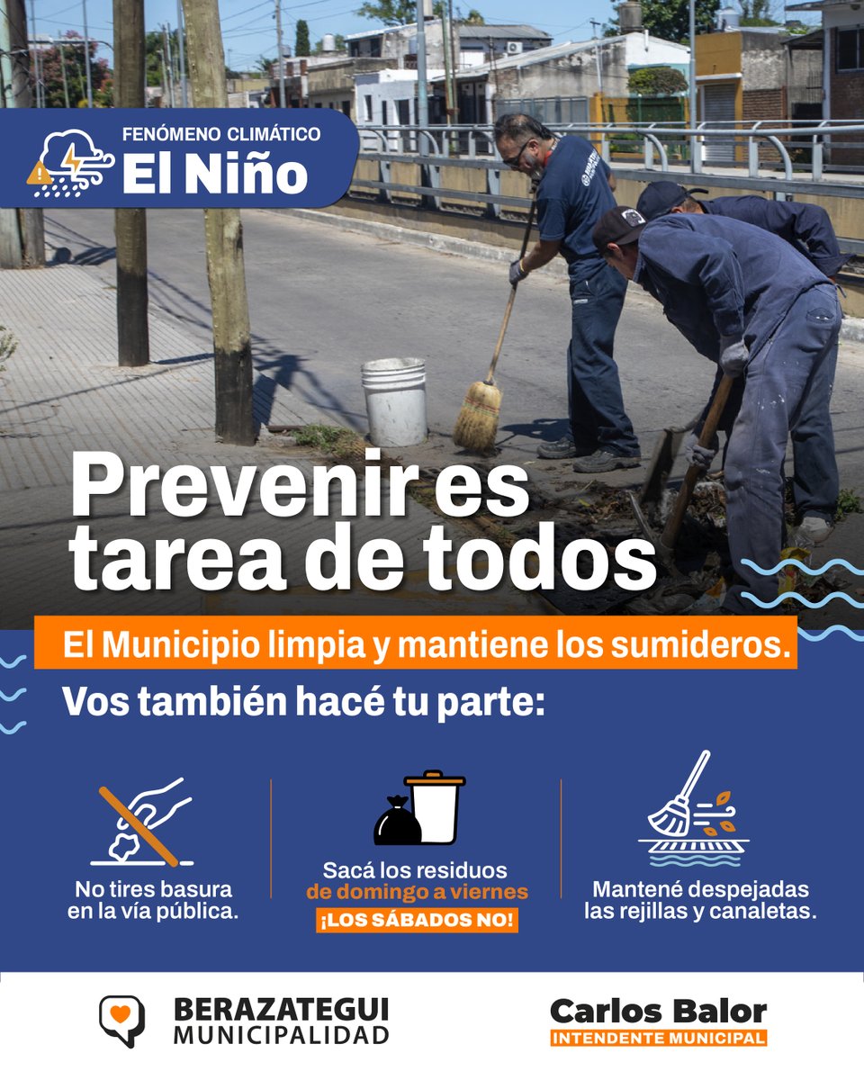 CarlosBalorBera's tweet photo. Frente a la posible llegada del fenómeno El Niño, en Berazategui estamos intensificando los trabajos de saneamiento y avanzando con obras hidráulicas para mejorar el escurrimiento del agua en los barrios. https://t.co/qIMSjcBIKK