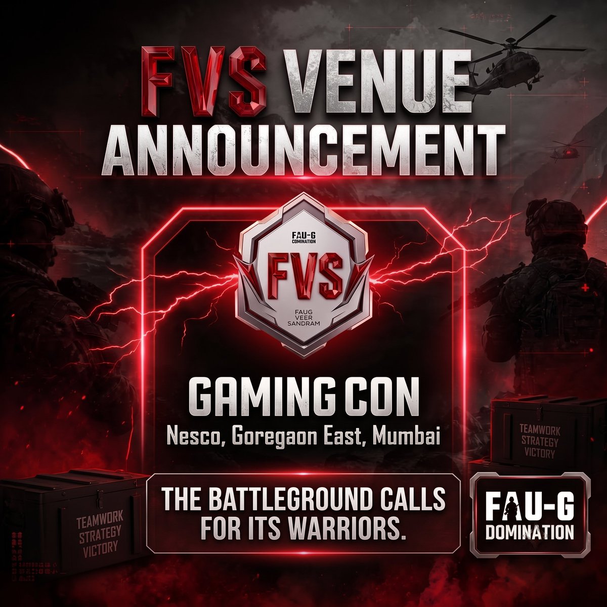 FAUGDomination's tweet photo. Here's where the titans will face each other:

Gaming Con Bharat, Nesco, Goregaon East, Mumbai.🙌

Keep your magazines loaded.💣

#FAUGDomination #FVS #MilitaryShooter #MadeinIndia https://t.co/J8fGbAo8or