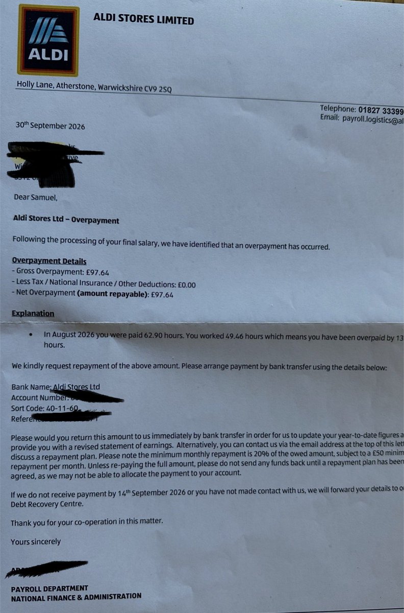 ChrisBrooksDJ's tweet photo. Hey @AldiUK this letter you’ve sent my son is intimidating. You never mentioned to him that he was over paid, threatening him with debt recovery action and asking for immediate payment (on a date 2 weeks before you’ve even sent the letter) is awful. You made the mistake not him. https://t.co/Vx2mAT5bxM