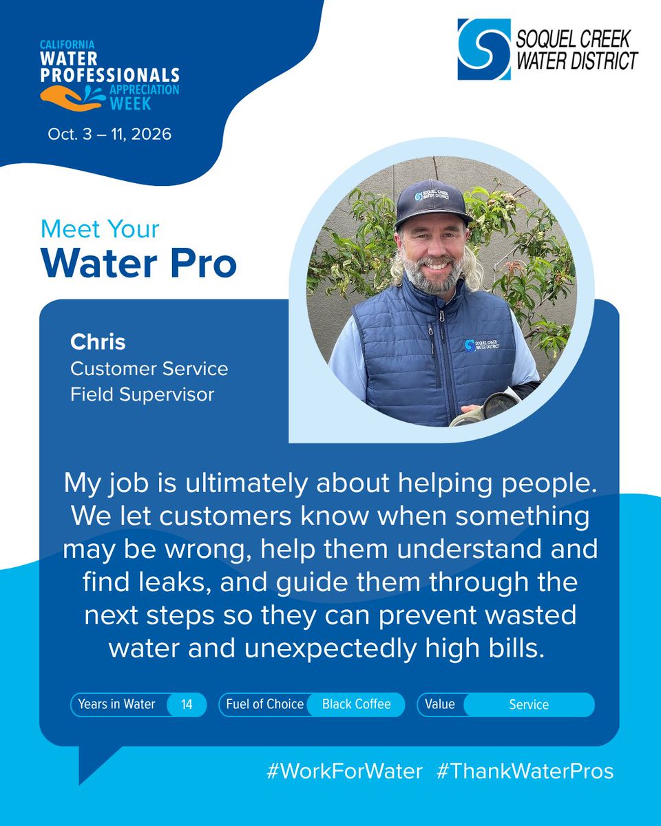 SoquelCreekH2O's tweet photo. Happy Water Professionals Appreciation Week! ๐ Weโre celebrating the people behind the scenes who keep Soquel Creek Water District's water flowing. Thanks for being a #WaterPro, Chris! #ThankWaterPros #WeAreCAWater https://t.co/xkbiIbmkk4
