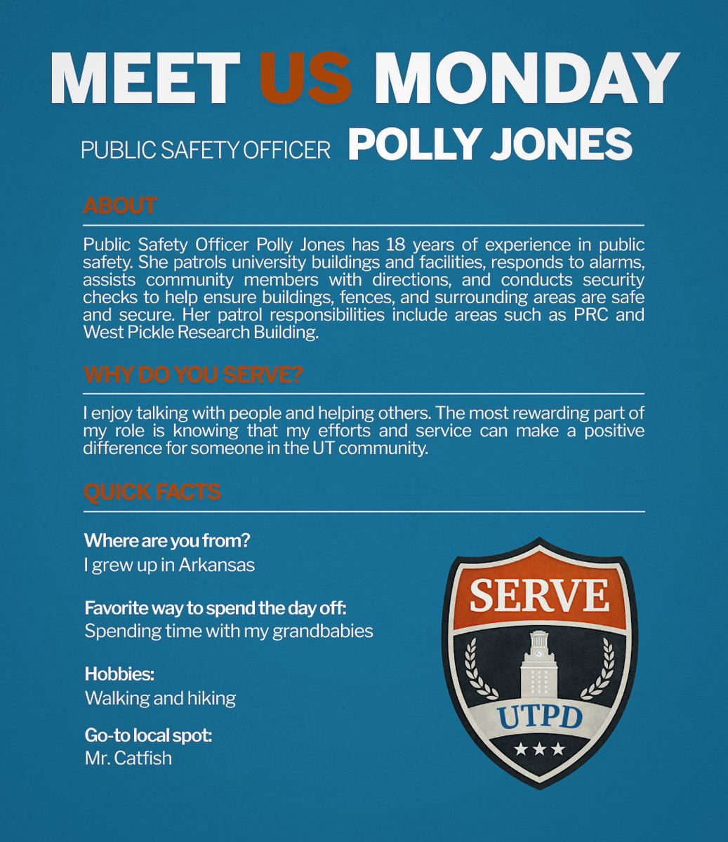 UTAustinPolice's tweet photo. Meet Us Monday 👋

This week, we’re featuring Polly Jones, who serves as a Public Safety Officer.

#WeSERVE #UTPD https://t.co/6jCR9IGYVJ