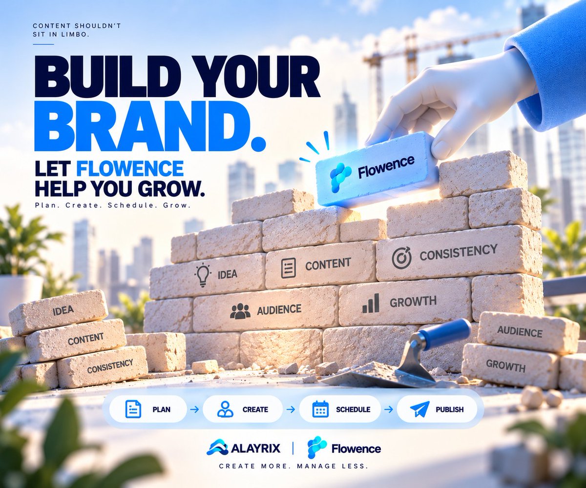 teamalayrix's tweet photo. Every big brand started small.  
Build your brand. Stay consistent. Keep growing.  Plan your content, schedule your posts, and let Flowence handle the workflow.  
Build your brand. Let Flowence help you grow.  #SmallBusiness #BrandBuilding #ContentScheduling #Flowence https://t.co/Pj07XLT84g