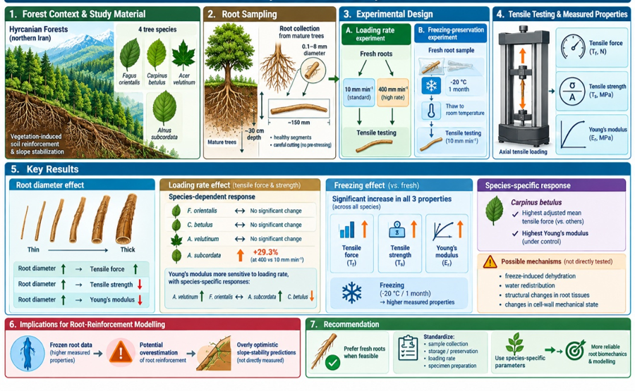 BioResJournal's tweet photo. Frozen roots may look stronger than they really are. 
Freezing increased root tensile properties, potentially overestimating soil reinforcement capacity. Standardized testing matters.
Read: https://t.co/jkR4y8ONFg
#SoilBioengineering #RootBiomechanics #SlopeStability #ForestSoils https://t.co/c8Z26HxmQ6