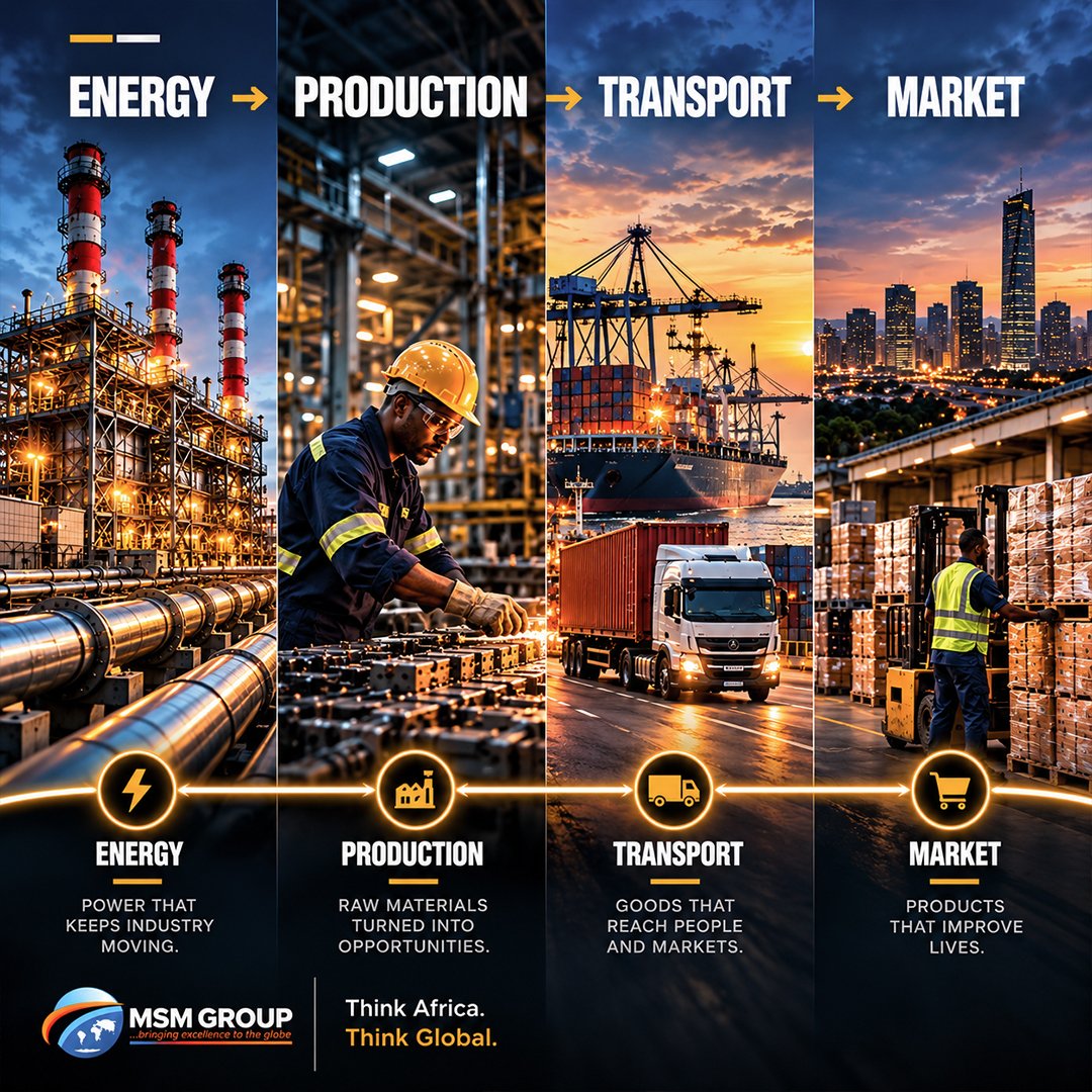 _msmgroup's tweet photo. A factory doesn't operate alone. Neither does an economy.
Energy → production → transport → market. When one link struggles, the others feel it.
Industrial growth is about strengthening the connections between sectors.
#MSMGroup #AfricanIndustry #ValueChains https://t.co/BU7ZYyXlkm