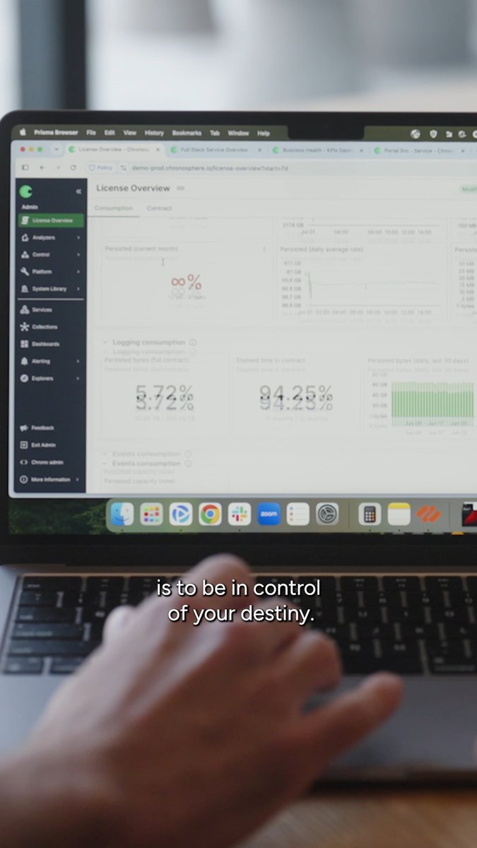 A laptop screen displays a 'License Overview' dashboard from Prism Browser, showing usage graphs and metrics, while a hand rests on the keyboard; the caption reads 'is to be in control of your destiny.'