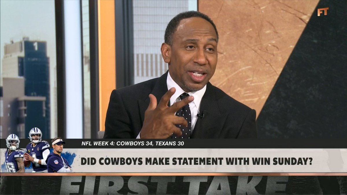 Stephen A. Smith, dressed in a black suit with a polka dot tie, passionately gestures with his hand while appearing on ESPN's "First Take" set. The on-screen graphic reads "NFL WEEK 4: COWBOYS 34, TEXANS 30" and "DID COWBOYS MAKE STATEMENT WITH WIN SUNDAY?", relating to his commentary about waiting on the Cowboys' downfall despite their victory.