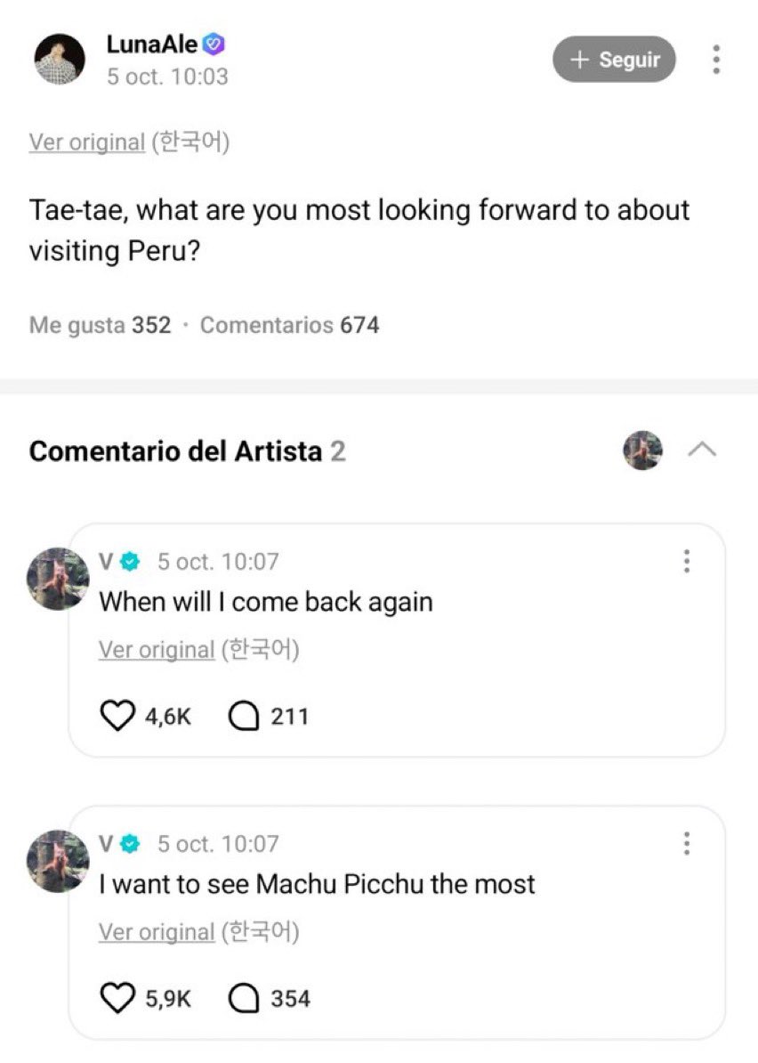goeskthh's tweet photo. taehyung diciendo que le recomienden comida peruana, que quiere conocer machu picchu, una army diciendole que está muy emocionada por la visita de los tannies a perú y él diciéndole “solo espera” 

SE VIENEN DÍAS LEGENDARIOS😭😭😭😭😭😭😭 https://t.co/RdMKfuFTcb