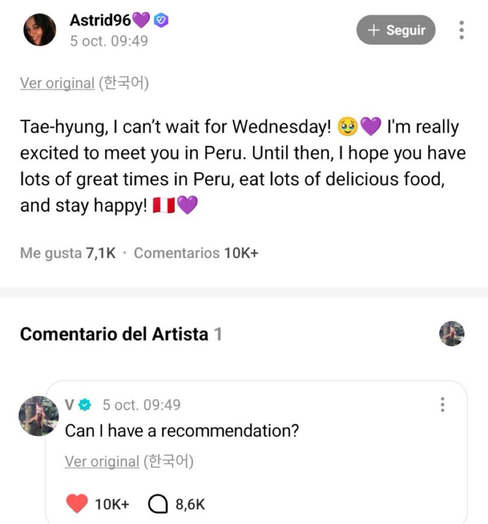 goeskthh's tweet photo. taehyung diciendo que le recomienden comida peruana, que quiere conocer machu picchu, una army diciendole que está muy emocionada por la visita de los tannies a perú y él diciéndole “solo espera” 

SE VIENEN DÍAS LEGENDARIOS😭😭😭😭😭😭😭 https://t.co/RdMKfuFTcb