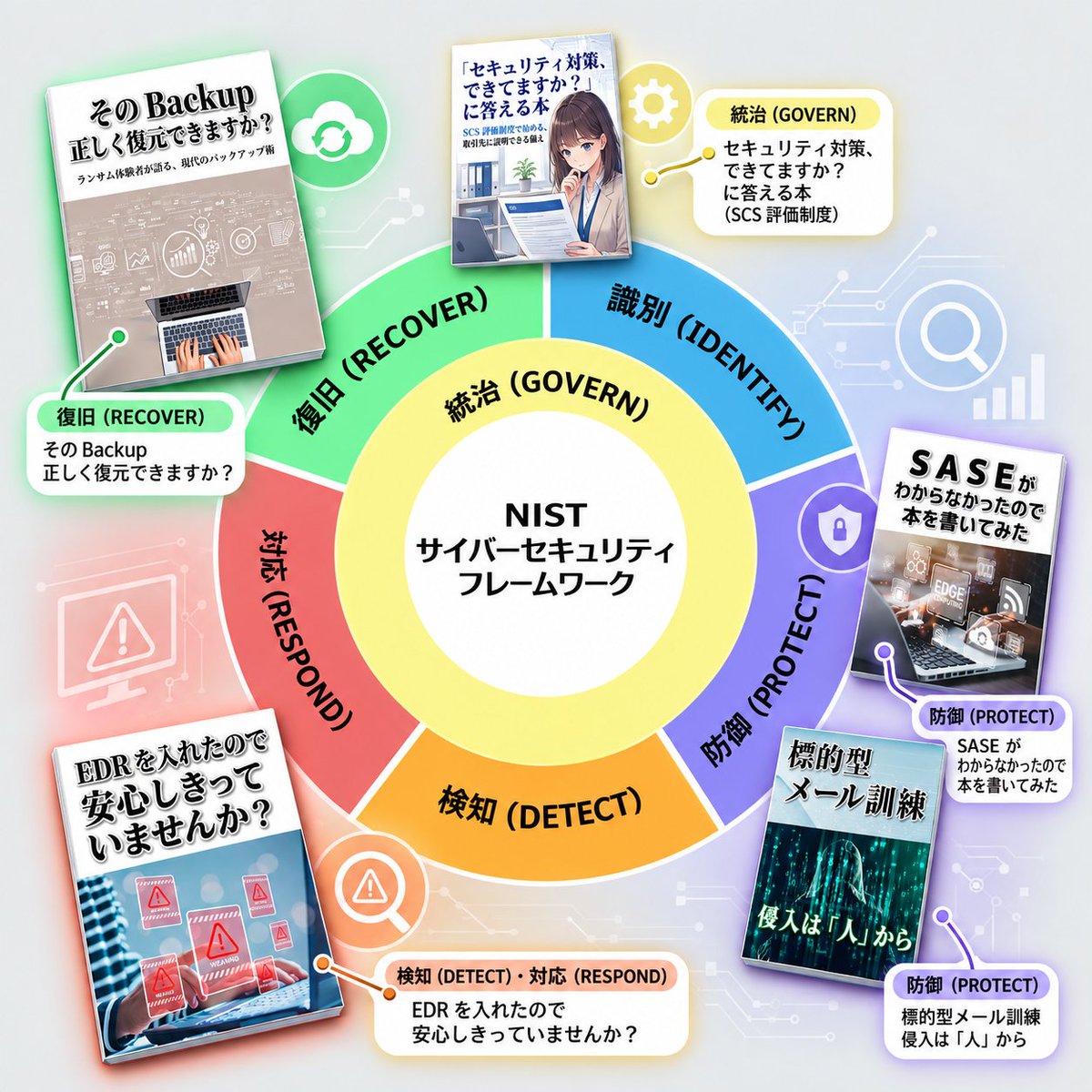 _0447222690292's tweet photo. かーでぃらぼで書いたセキュリティ関連本を、NISTのサイバーセキュリティフレームワークに沿って配置してみると…
案外いいバランスで書いてることがわかりましたw
詳細はこちら👇
https://t.co/EgymPln5WS
#技術書典 #Cybersecurity #NIST #CSF20 #GRC #CyberRisk https://t.co/VPIeZjkKAS