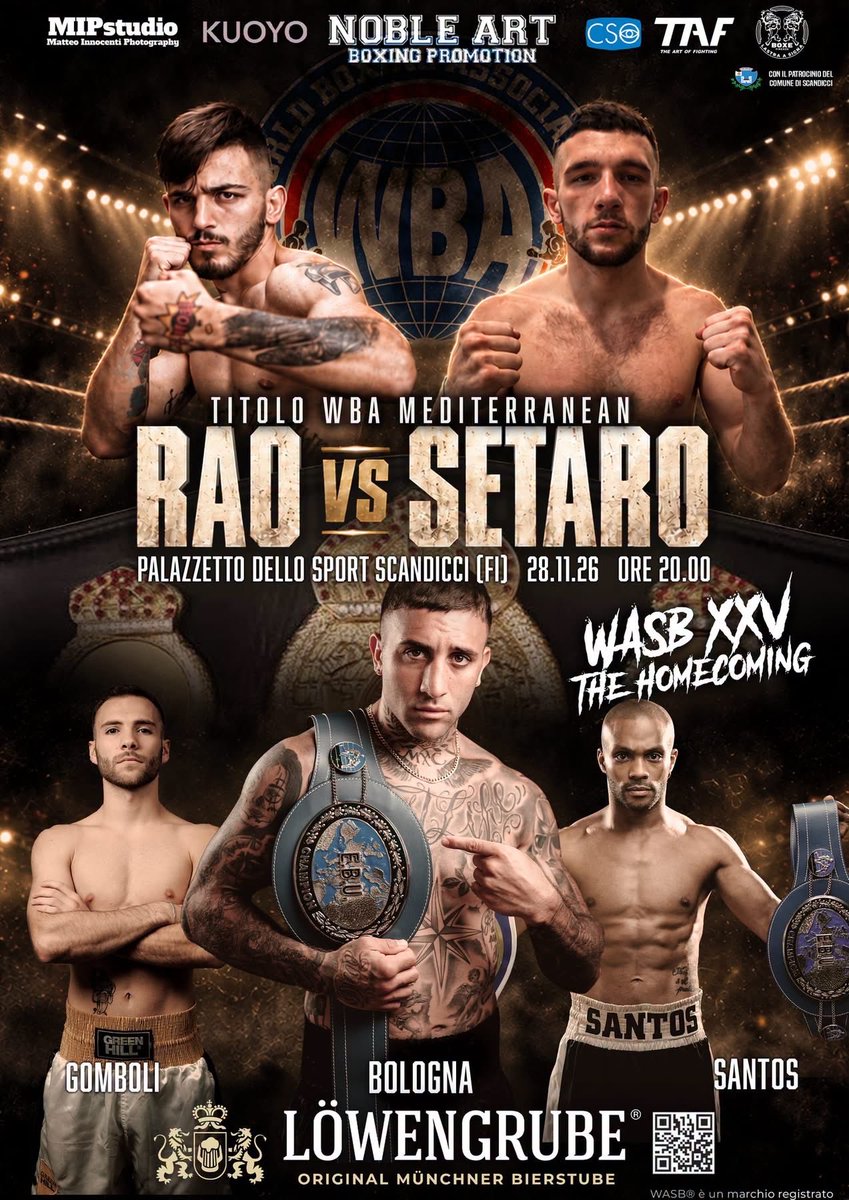 FPIBoxe's tweet photo. 🥊🏆 WBA Mediterranean Feather
🏟️ Palasport Scandicci (FI) - 28/11/2026
🥊 Simone Rao 🇮🇹 vs Nicolò Setaro 🇮🇹
🥊Org. Boxe Lastra A Signa- Noble art Promotion - TAF
#Itaboxing #Boxe #Boxeo #Pugilato #Boxing https://t.co/YUU15omZyY