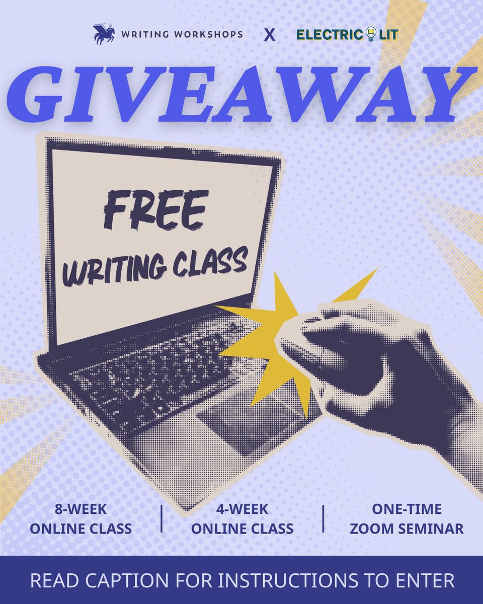 WritingWorkshps's tweet photo. 6 writers are going to class ON US! 💻✨

We're so excited to partner with Electric Literature to give away 6 GIFT CARDS for our online writing classes! 

View the giveaway post on our Instagram: https://t.co/kHsyxt8rEG https://t.co/wHHhydFFUE