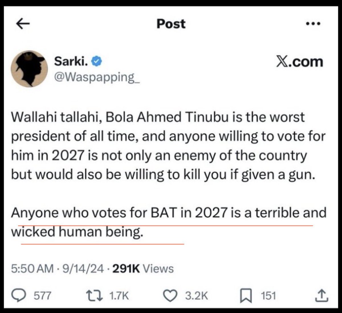 Proud_Aboki's tweet photo. “Anyone who vote for BAT in 2027 of a terrible and wicked human being.” https://t.co/rn86l1AXun