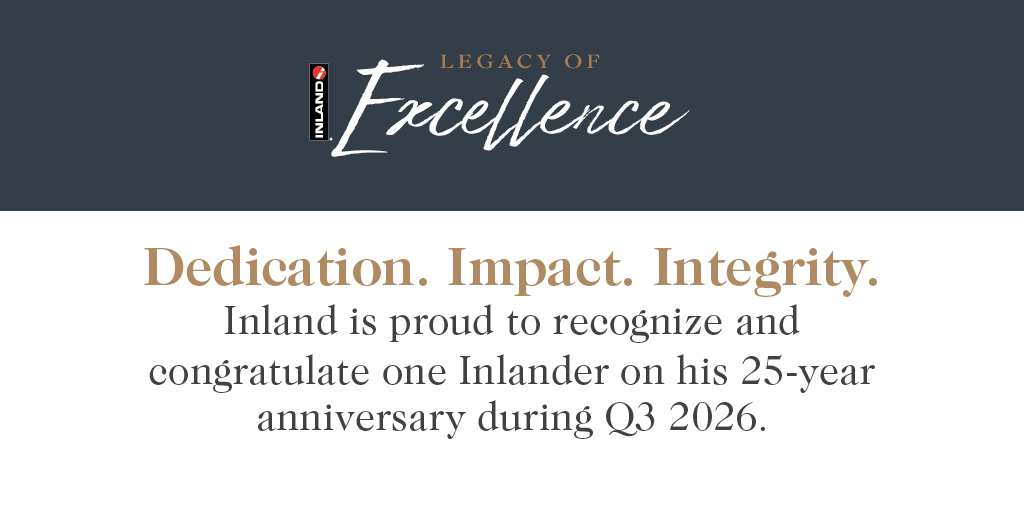 InlandGroup's tweet photo. Inland is proud to recognize and congratulate one Inlander on his 25-year anniversary during Q3 of 2026. Thank you for your unwavering commitment and the legacy you’ve built over the past 25 years. Your contributions continue to shape Inland’s success and culture. https://t.co/THfL3ao99p