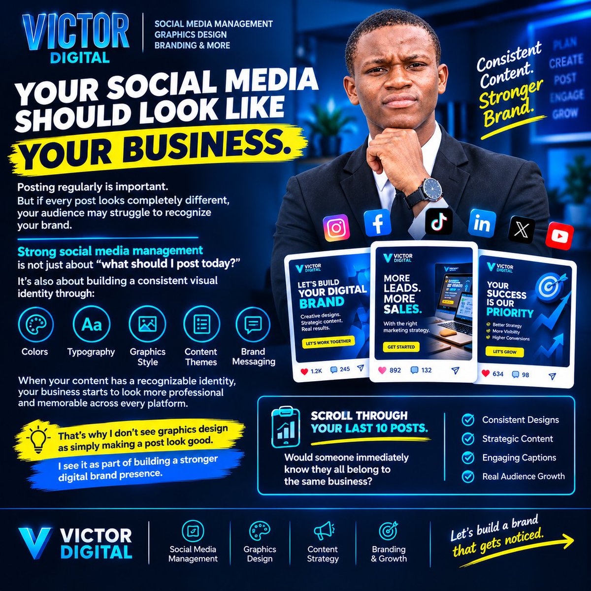 AbdulSalam0503's tweet photo. Your social media can be active without being consistent.
Strong branding means your visuals, messaging, and content style work together.
Check your last 10 posts. Do they look like the same brand?
#SocialMediaManagement #GraphicsDesign #Branding #VictorDigital https://t.co/XUoG4FFAdL