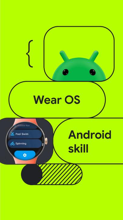 A promotional graphic featuring the Android mascot alongside "Wear OS" and "Android skill" text labels, plus an inset smartwatch displaying workout options like "Pool Swim" and "Spinning," illustrating how the Wear Compose M3 skill helps AI generate optimized code for Wear OS components.