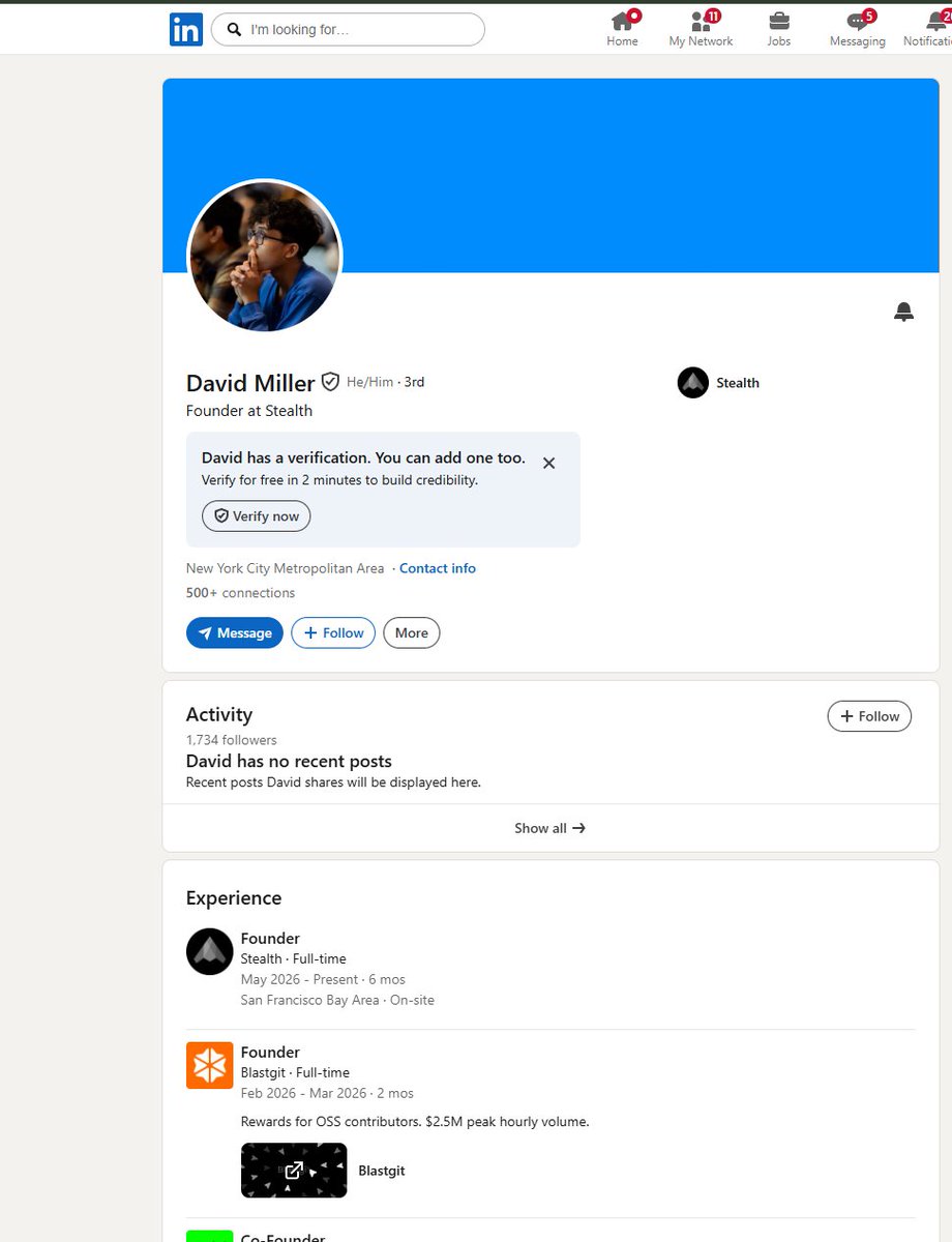 xbtUnc's tweet photo. GOING TO 0 BECAUSE IT'S A FAKE GITHUB!!!

David miller is the founder of Blast Git (check his linkedin) 

Sending fees to his wallet (deployer of their confirm test token $IMAGINE) https://t.co/xQ4RjuB0FT