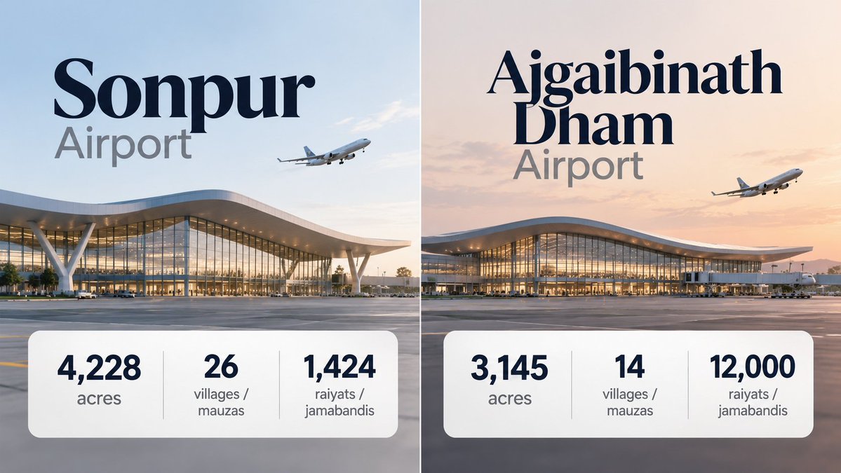 BiharInfraTales's tweet photo. 🚨Bihar’s 2 Proposed Greenfield Airports Will Require 7,373 Acres of Land Across 40 Villages

First batch of sale deeds targeted within 4 months
Overall land assembly target: around 310 days

Sonpur Airport: ~4,228 acres | 26 villages/mauzas | ~1,424 raiyats/jamabandis

Ajgaibinath Dham Airport: ~3,145 acres | 14 villages/mauzas | ~12,000 raiyats/jamabandis

The land assembly process will involve land-record reconciliation, DGPS/ETS surveys, joint measurement, title verification, identification of landowners, consent and direct-purchase facilitation.

The appointed consultants will also facilitate registration, mutation, possession documentation and development of a GIS-based Digital Land Bank.

Land is primarily proposed to be assembled through direct purchase from willing landowners under the Bihar Raiyati Bhumi Kray Niti, 2026.

The Project Management Office is targeted to be established within 10 days.
