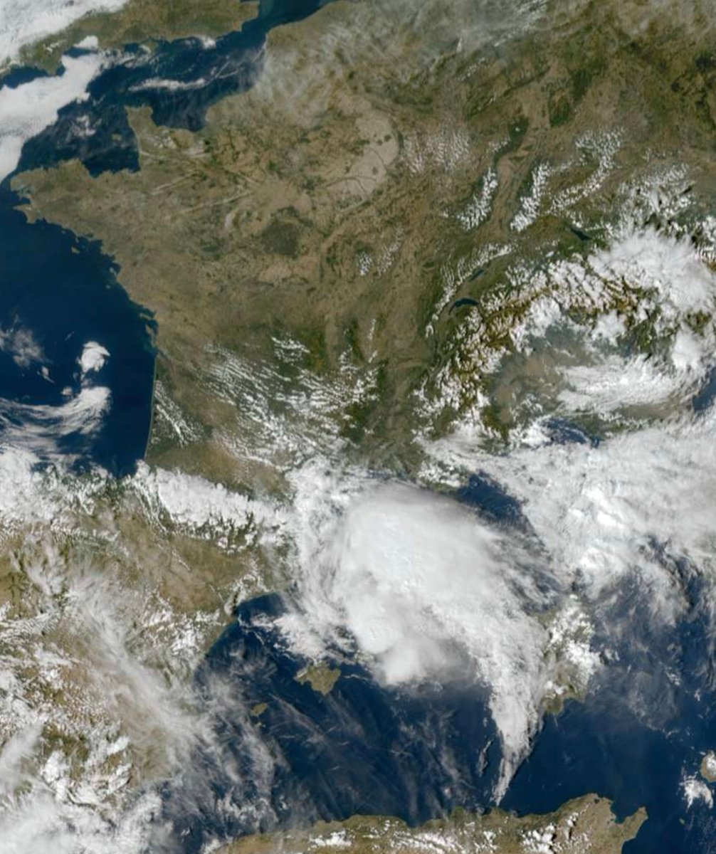 meteovillages's tweet photo. 🌀⛈️ Un système orageux aux allures tropicales s'est développé en Méditerranée ces dernières heures au large de la Catalogne espagnole. 

Ses propriétés de formation sont assez atypiques : le système semble entrer en rotation partielle à partir de systèmes orageux établis (1/2). https://t.co/qYGtlDApVi