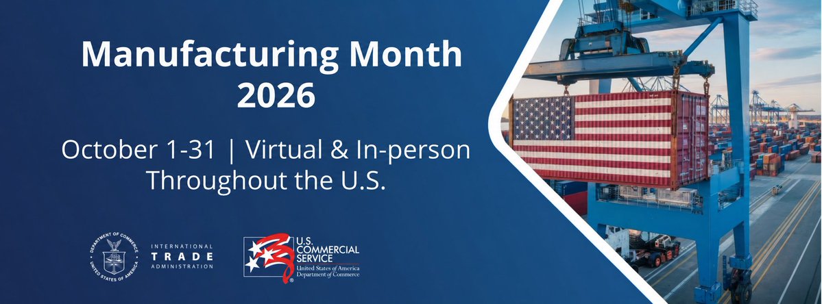 ExportGov's tweet photo. Don’t miss #Manufacturing Month events happening now! Check out the Calendar of Events designed to help your business find promising #export opportunities, get support when you need it, and grow sales globally. Register at https://t.co/T36Sm4XobB https://t.co/ykiCJGhQTh