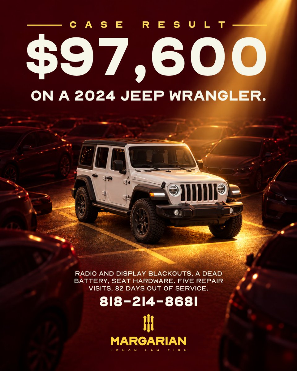 MargarianLaw's tweet photo. 2024 Jeep Wrangler: 5 repair visits, 82 days out of service for recurring electrical and seat hardware issues. Settlement: $97,600, including civil penalties. Manufacturer paid our fees; client paid nothing.
818-214-8681 or DM us.
#CaliforniaLemonLaw #LemonLaw #MargarianLaw https://t.co/ezQYBw0WcS