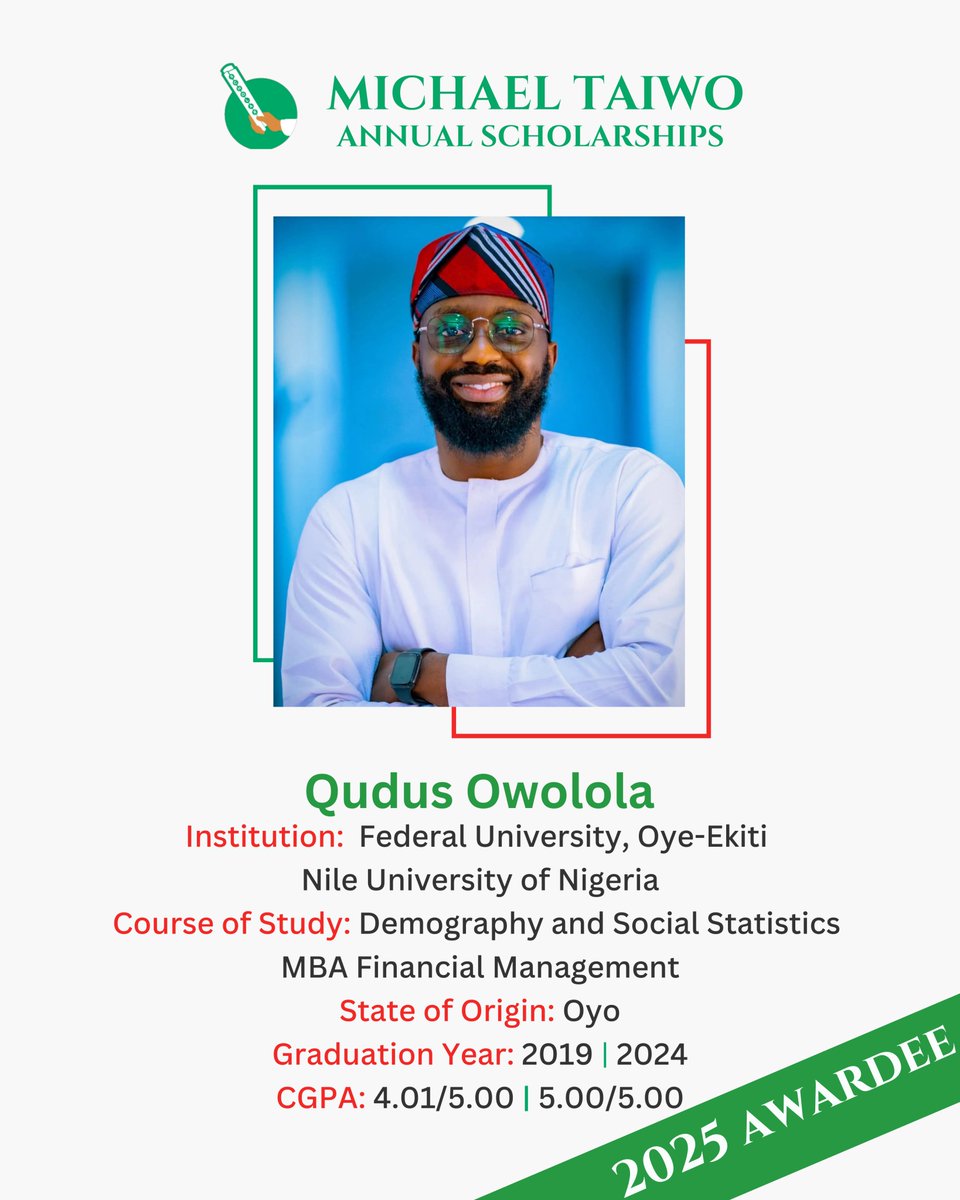 MtScholarships's tweet photo. Qudus Owolola graduated in the top 1% of his class with a bachelor's degree in Demography and Statistics, and went on to earn two master's degrees: in Financial Management and in Financial Economics, each completed with a perfect CGPA of 5.00/5.00.

These achievements are all the more striking given where his journey began. 

Qudus grew up in an environment where formal education was undervalued, even discouraged, yet he refused to let his surroundings define his future. Largely self-motivated, he persevered through years of seeking admission before earning his place at university, which is proof that no environment can silence determination.

Today, Qudus is passionate about the future of finance, particularly how artificial intelligence and digital currencies can reshape the way the world saves, invests, and transacts. 

He now seeks to build on his strong foundation in statistics, economics, and financial management to help drive that transformation through research and innovation.