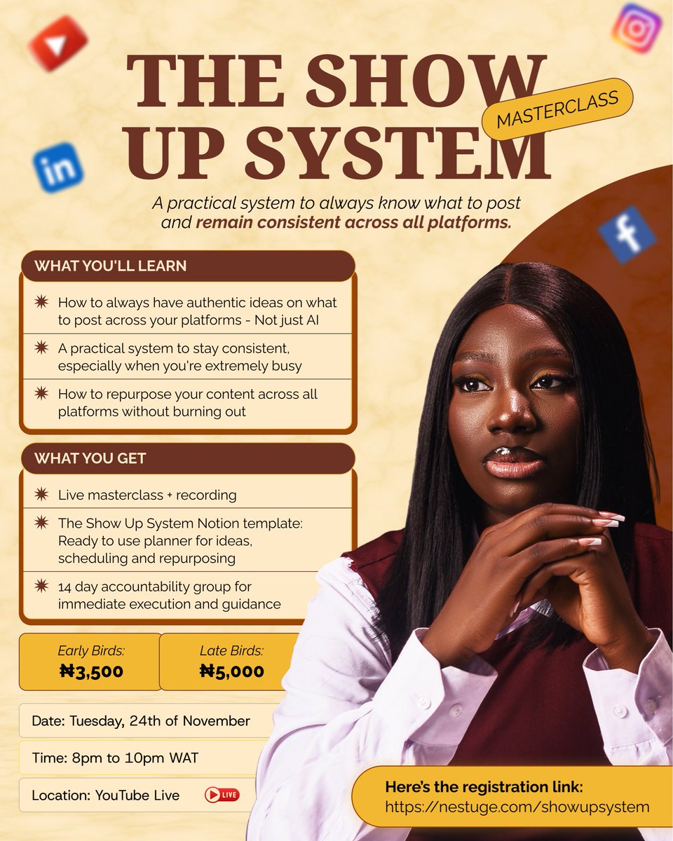 anjolaglobal's tweet photo. You're not lazy. 

You're just showing up without a system. 😮‍💨

Learn how to always know what to post and stay consistent on every platform.
The Show Up System Masterclass
 📅 Nov 24 | 8pm WAT | YouTube Live 🎟 Early bird ₦3,500
👉🏾 https://t.co/3ZgFcvn31u https://t.co/8RAfV03dIS