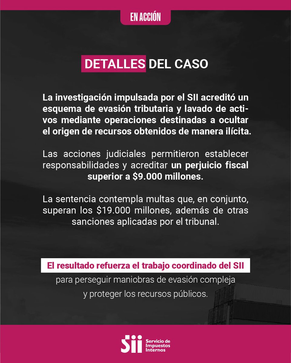 SII_Chile's tweet photo. 🚫 Las facturas falsas, las empresas de papel y otras maniobras de evasión afectan directamente al país. Por eso, el trabajo fiscalizador y judicial es clave para detectar, sancionar y prevenir este tipo de delitos. Conoce más sobre este caso.
https://t.co/94NKq3L5nm https://t.co/Gzwm1ikIQU