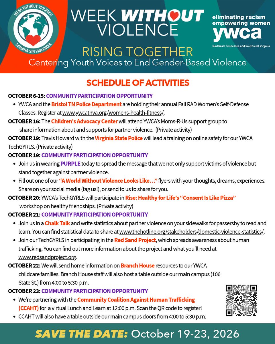 YWCA_TNVA's tweet photo. ⭐YWCA Week Without Violence

Join us in a Chalk Talk! Write statistics about partner violence on your sidewalks for passersby to read and learn. Or participate in the Red Sand Project, which spreads awareness about human trafficking.

#WWV26 #WeekWithoutViolence26 #DVAM26 https://t.co/PW7KjNSNjx